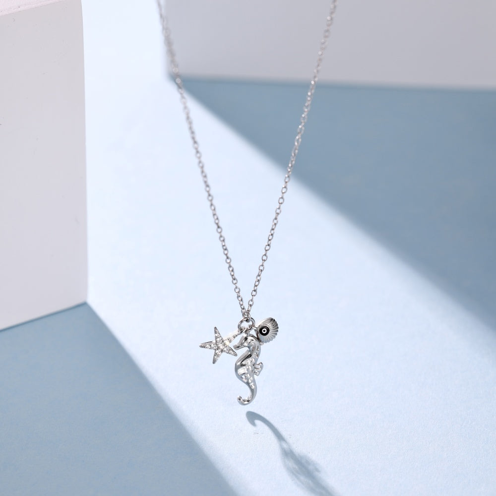 Women's Pendant Necklace, Star Seahorse White shell Evil Eye Design Inlaid Round White Zirconia, S925 with White Gold Plating