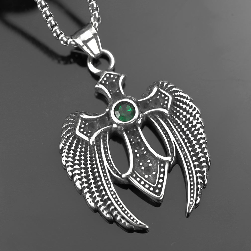 Men's Steel Winged Cross With Green Zirconia Pendant Necklace