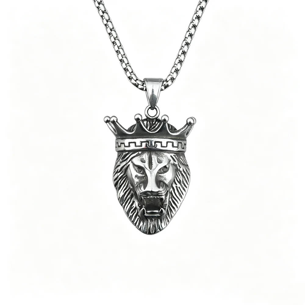 Men's Steel Crown Lion Head Vintage Animal Jewelry Pendant Necklace