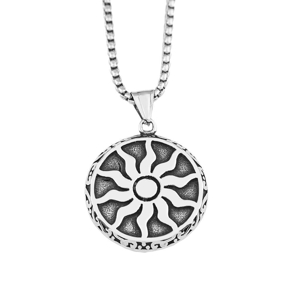Men's Steel Vintage Sun Pattern Round Pendant Necklace