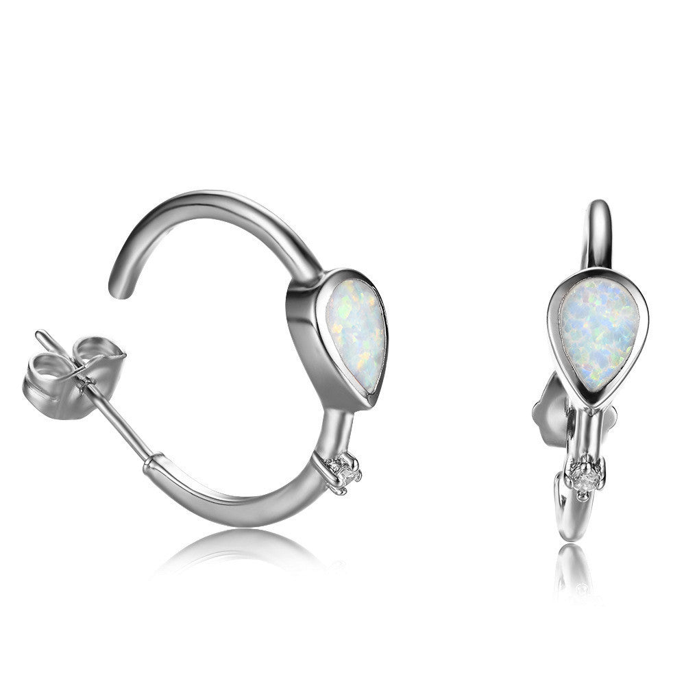 Women's C‑Shape Hoop Earrings, Teardrop Opal With Tiny Zirconia Accent