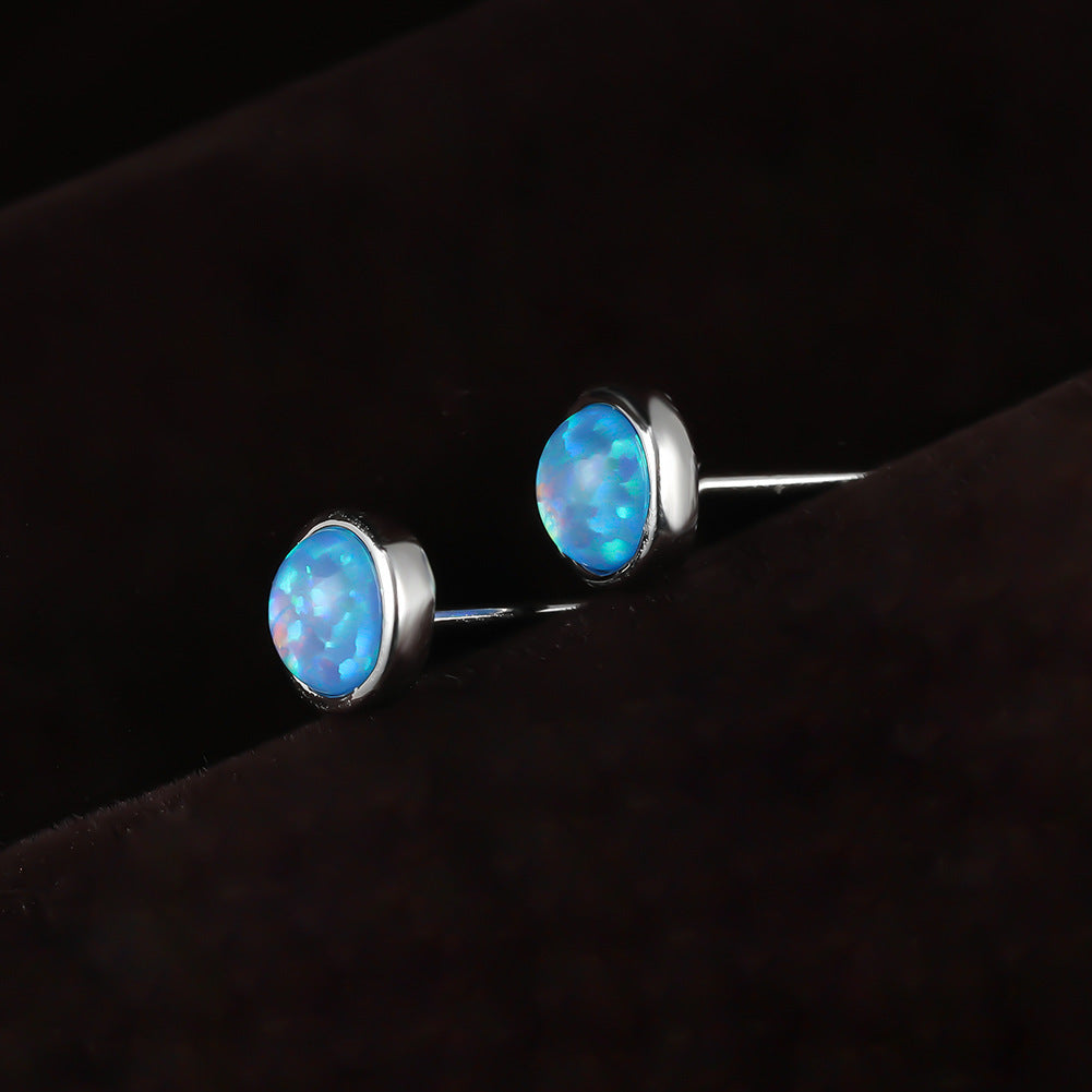 Women's Bezel‑Set Round Stud Earrings, Blue Opal / White Opal