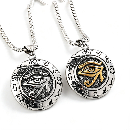 Vintage Stainless Steel Men's Egyptian Eye of Horus Round Pendant Necklace