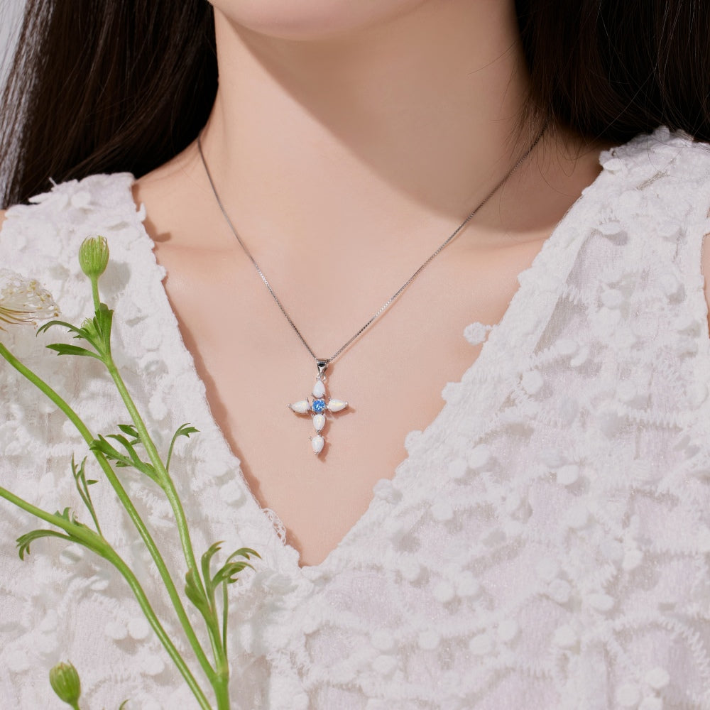 Women's Cross Pendant Necklace, Inlaid Blue Zirconia, S925 with White Gold Plating