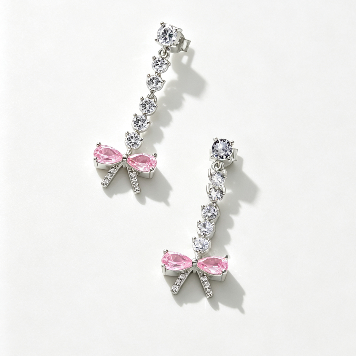 Women's Bow Dangle Earrings, Pink Zirconia Bow with Round Zirconia Chain, S925 with White Gold Plating