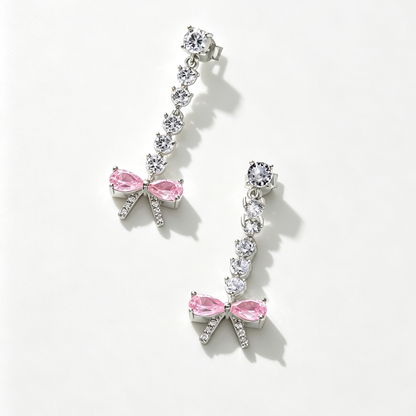 Women's Bow Dangle Earrings, Pink Zirconia Bow with Round Zirconia Chain, S925 with White Gold Plating