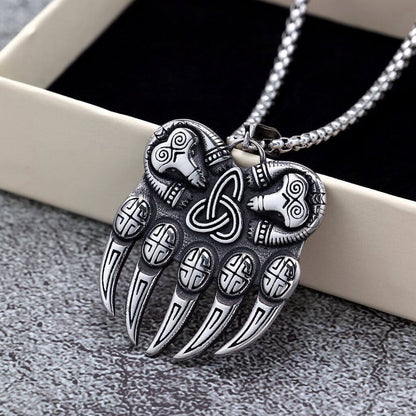Vintage Stainless Steel Single Sided Celtic Knot Bear Paw Pendant Necklace for Men