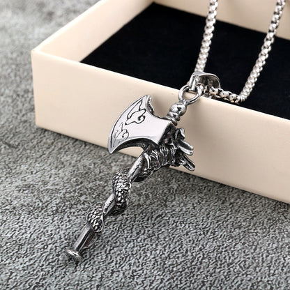 Mens Steel Dragon Axe Pendant Necklace