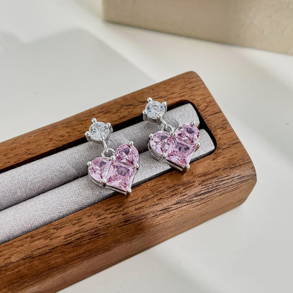 Women's Dangle Earrings, Pink Heart‑Shape Zirconia with Round Zirconia Accent, S925 with White Gold Plating