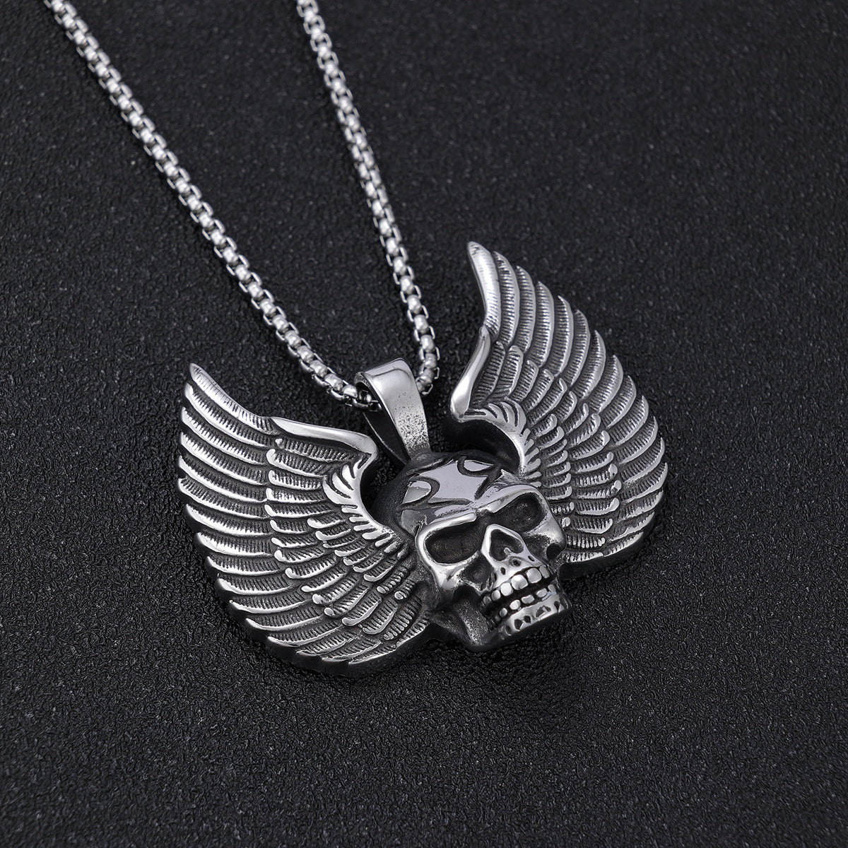Men's Steel Winged Skull Pendant Necklace