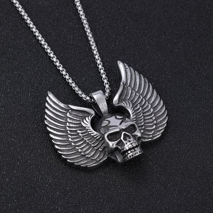Men's Steel Winged Skull Pendant Necklace