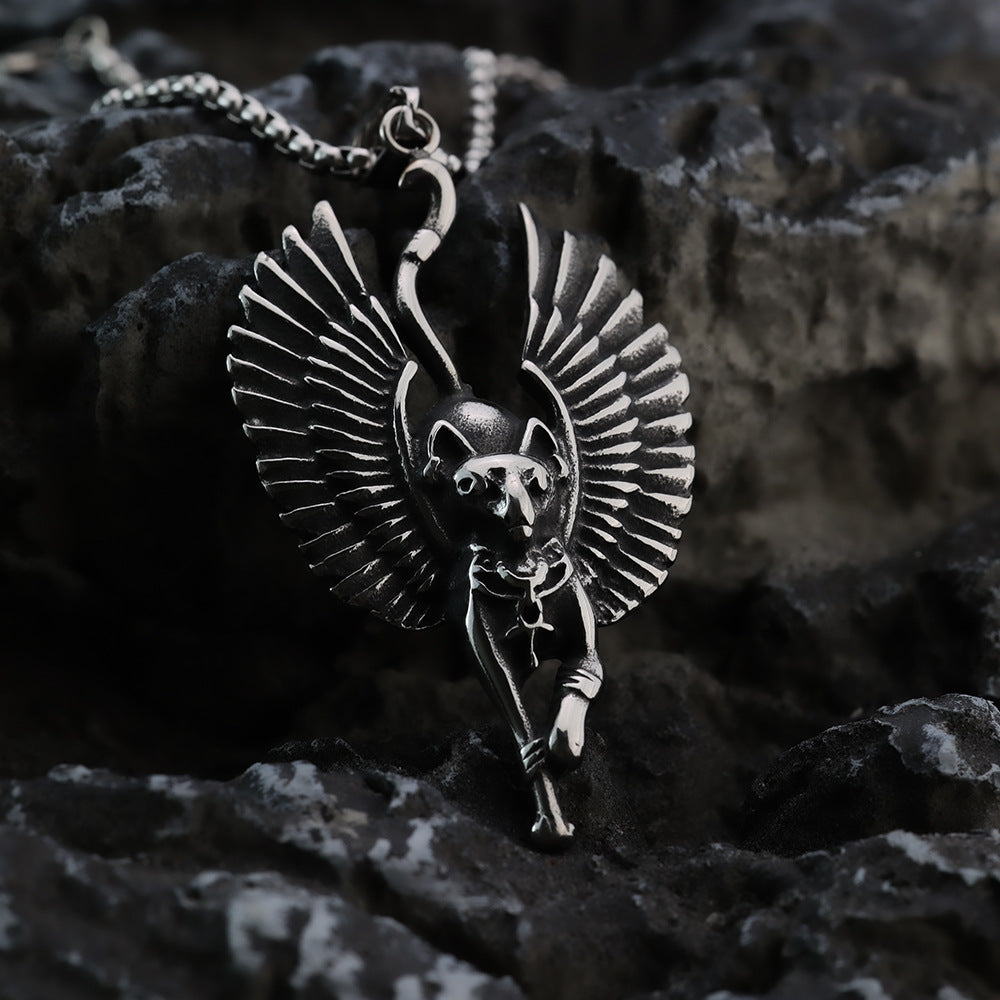 Vintage Stainless Steel Egyptian Cat God Wings Pendant Necklace for Men