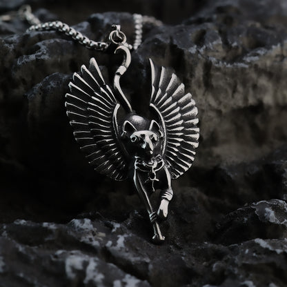 Vintage Stainless Steel Egyptian Cat God Wings Pendant Necklace for Men