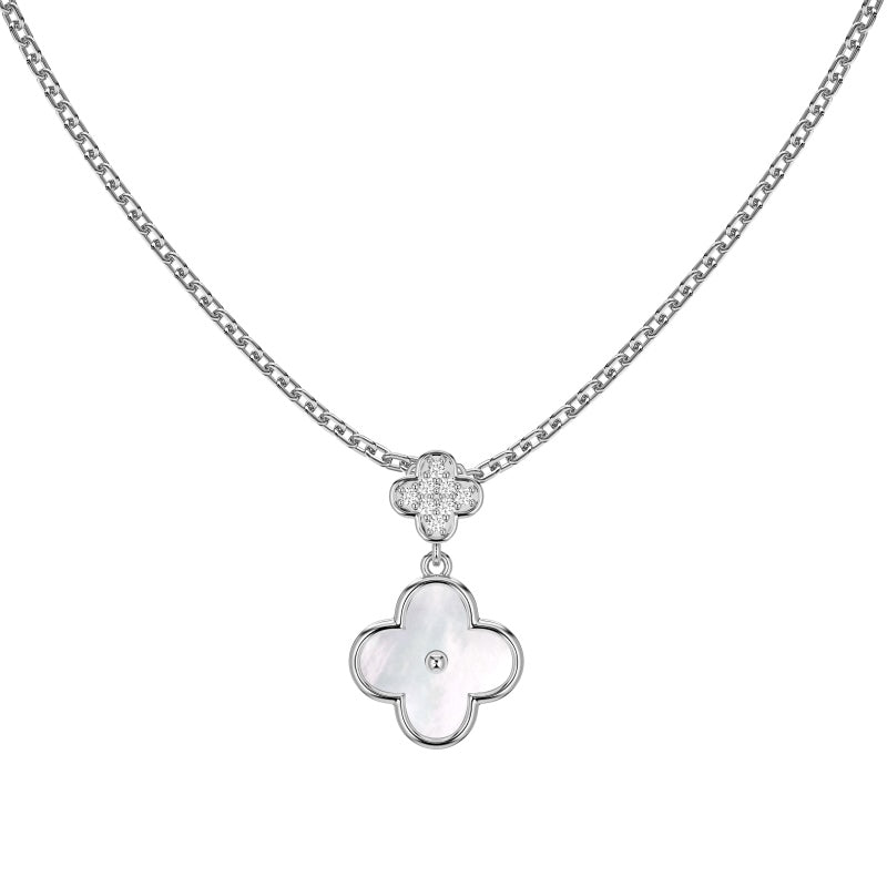S925 Four-Leaf Clover Necklace, White Round Zirconia & White Mother of Pearl Inlaid Niche Minimalist Jewelry