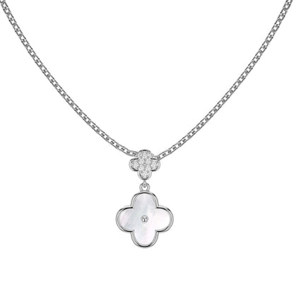S925 Four-Leaf Clover Necklace, White Round Zirconia & White Mother of Pearl Inlaid Niche Minimalist Jewelry