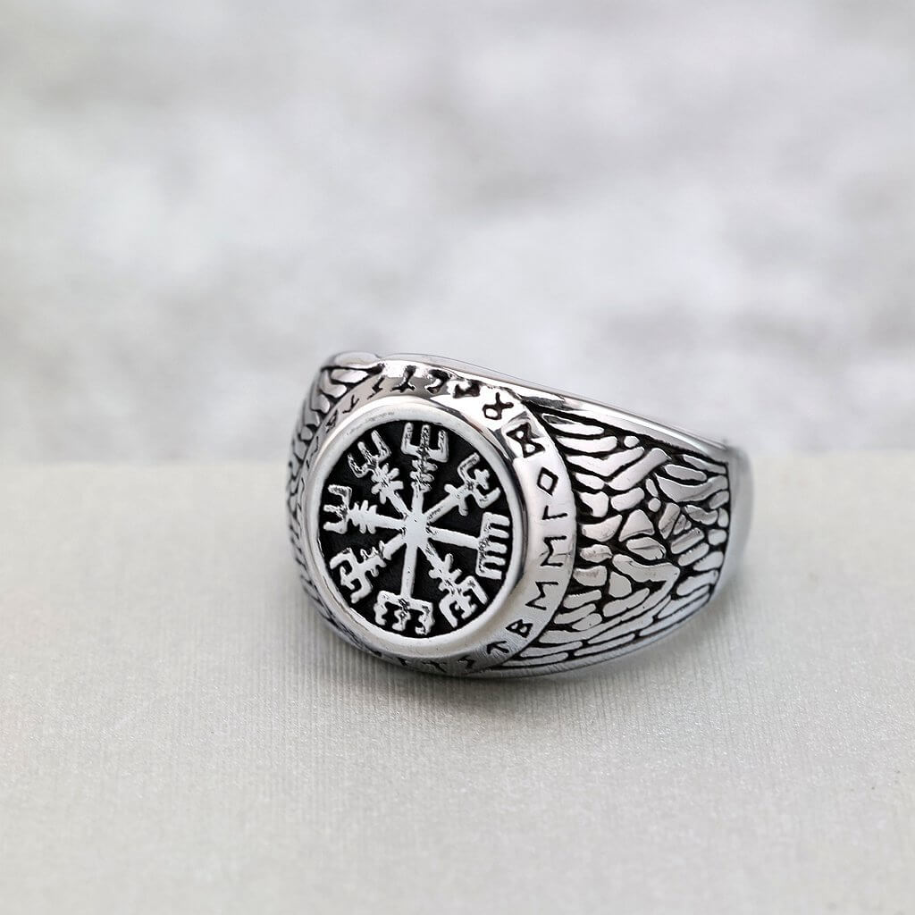 Vintage Solid Stainless Steel Viking Vegvisir Rune Band Ring for Men