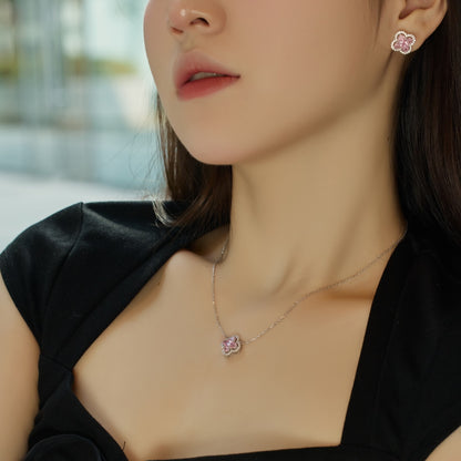 Women's Clover Pendant Necklace, D‑Shape Pink Sapphire, S925 with White Gold Plating