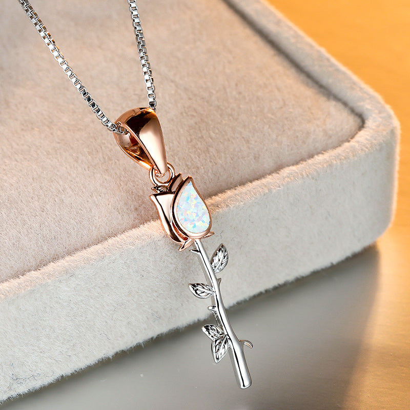 Two-tone White Gold and Rose Gold Blue and White Australian Rose Flower Women's Versatile Necklace