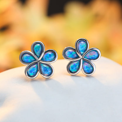 Women's Five Petal Flower Inlaid White & Blue Opal Stud Earrings, White Gold Plating