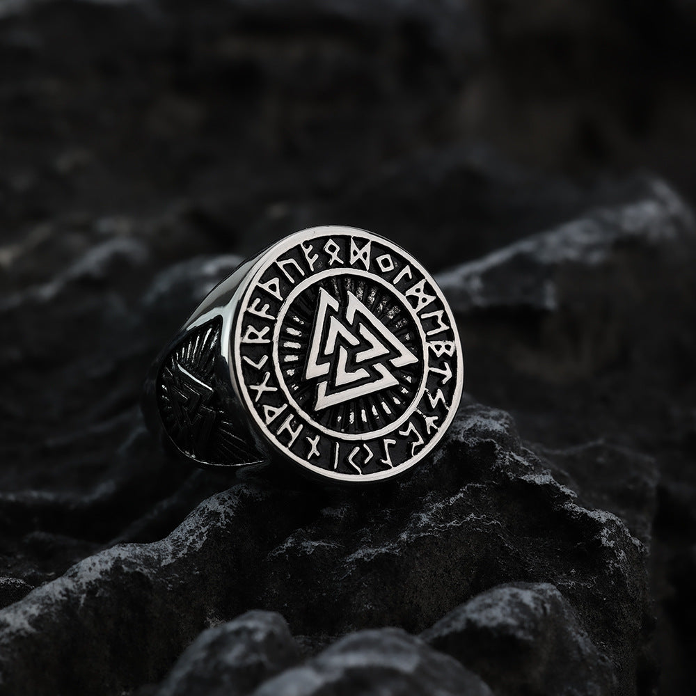Vintage Nordic Stainless Steel Viking Triangle Symbol Rune Circle Signet Ring for Men
