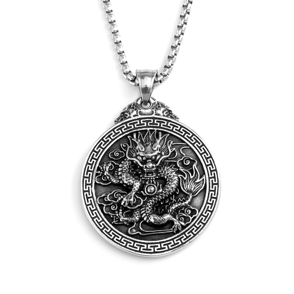Vintage Stainless Steel Double-sided Chinese Dragon Pendant Necklace with Dragon Character for Men