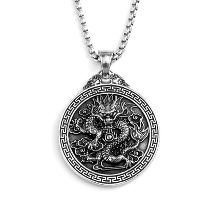 Vintage Stainless Steel Double-sided Chinese Dragon Pendant Necklace with Dragon Character for Men