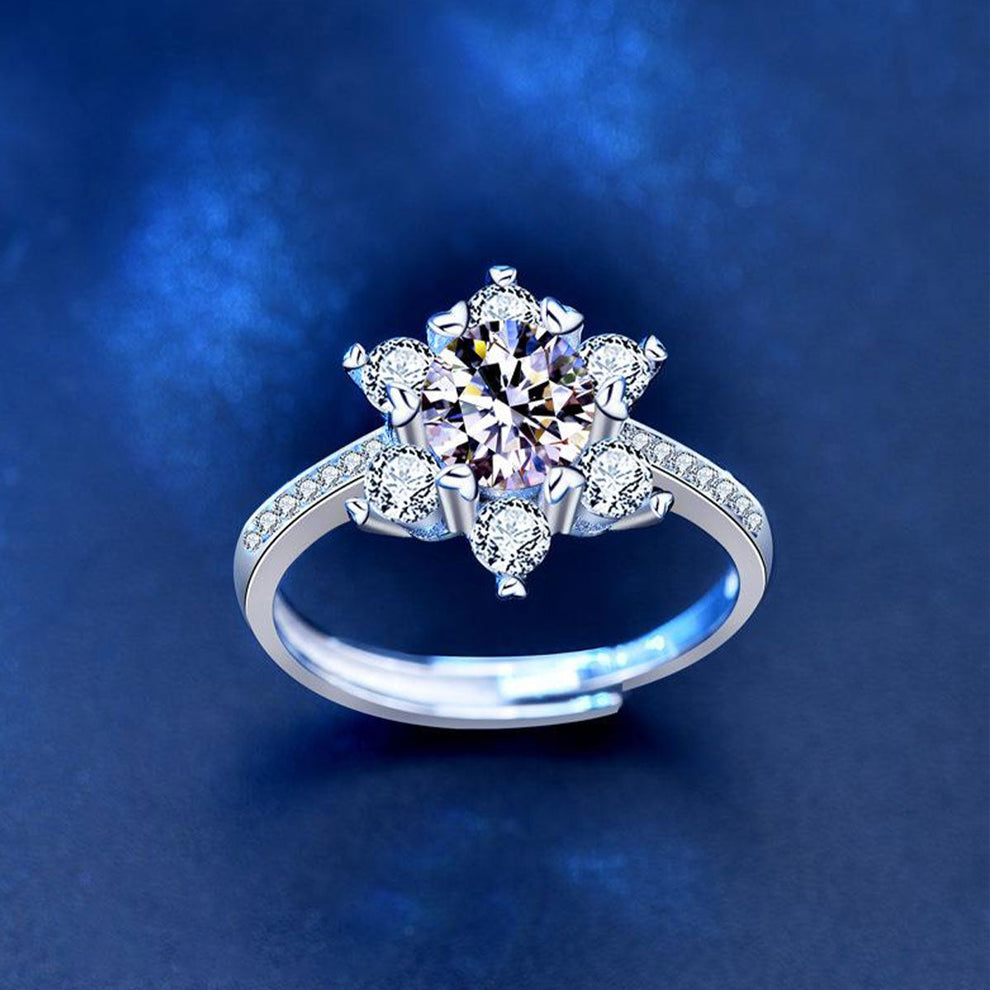 Women's White Gold S925 Flower Shape Moissanite Adjustable Ring