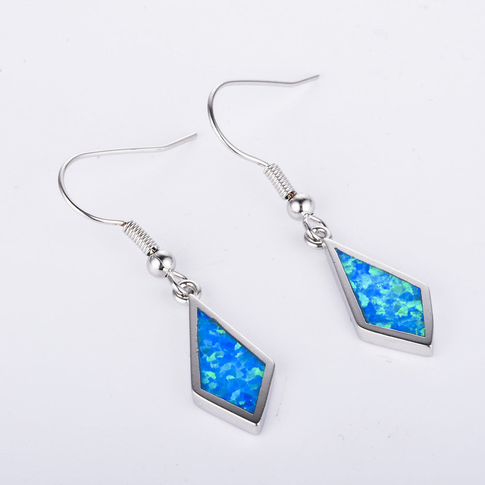 Women's Rhombus Shape Hook Dangle Earrings, Blue Opal Inlay, White Gold Plating
