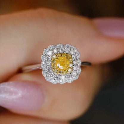 Women's White Gold Cushion Shape Layered Stones Yellow Gem Halo Adjustable Ring