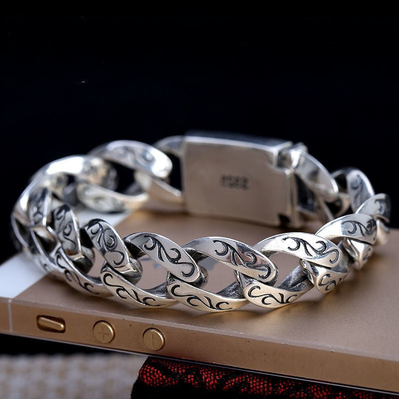 Men's Retro Engraved Square Clasp Thick Curb Bracelet