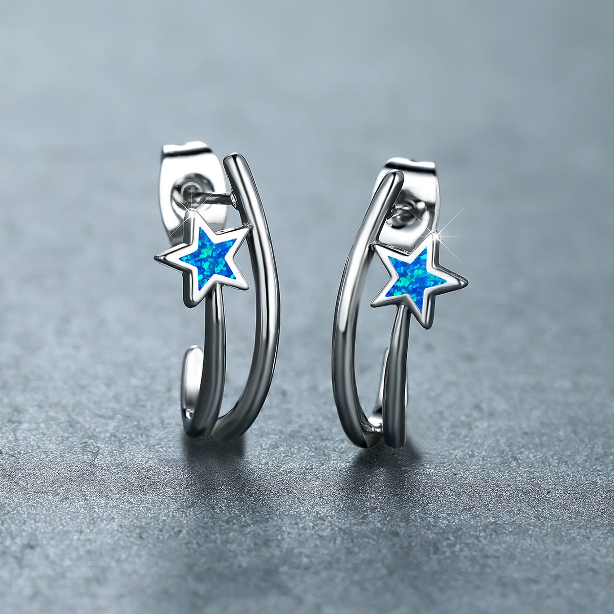 Women's Double‑Hoop C‑Shape Star Opal Hoop Earrings, with White Gold Plating / Rose Gold Plating