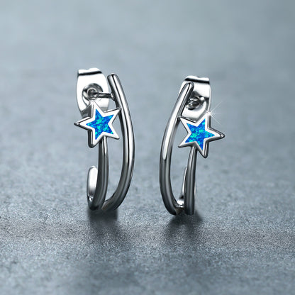 Women's Double‑Hoop C‑Shape Star Opal Hoop Earrings, with White Gold Plating / Rose Gold Plating