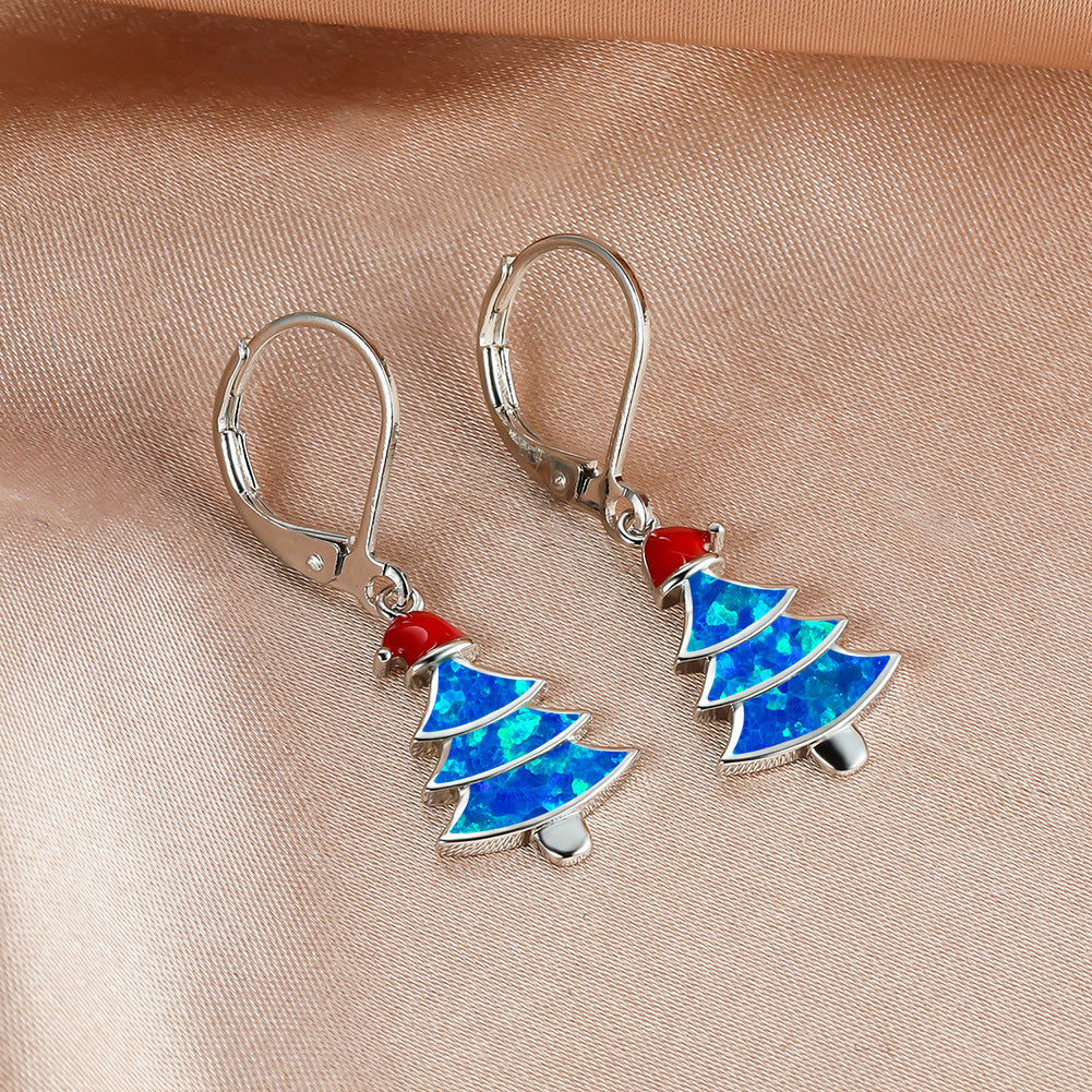 Women's Christmas Tree Color Opal Dangle Earrings, Gold / White Gold Plating