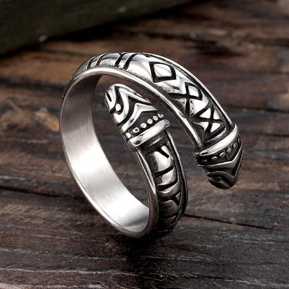 Vintage Stainless Steel Narrow Band Viking Script Symbol Snake Ring for Men