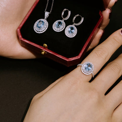 Women's Blue Oval Main Stone Inlaid White Round Zirconia Hollow Out Ring, S925 with White Gold Plating