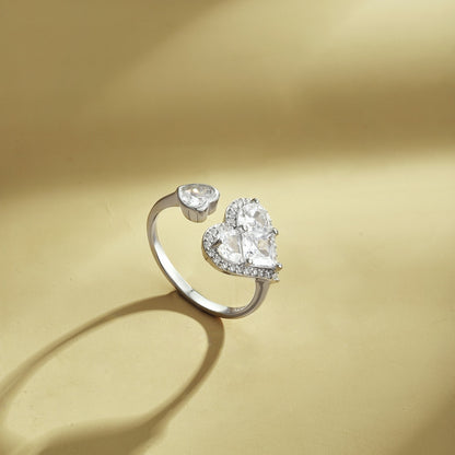 Women's Adjustable Heart Double Stone Ring, Heart-Shaped & Round Zirconia, S925 with White Gold Plating