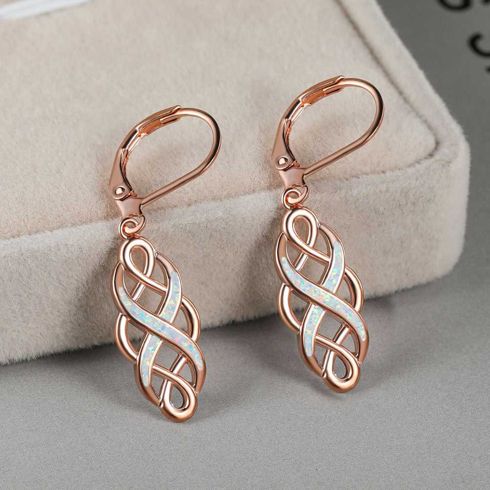 Women's Celtic Knot Hollow Blue & White Opal Leverback Dangle Earrings, White Gold Plating & Rose Gold Plating