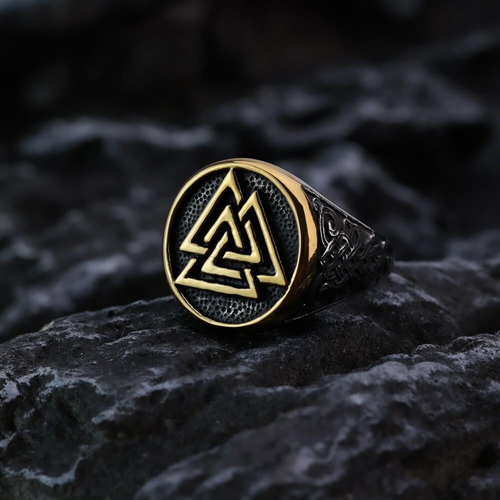 Vintage Stainless Steel Round Viking Triangle Symbol Engraved Ring for Men