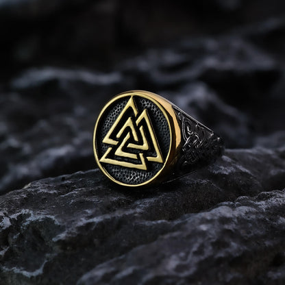 Vintage Stainless Steel Round Viking Triangle Symbol Engraved Ring for Men