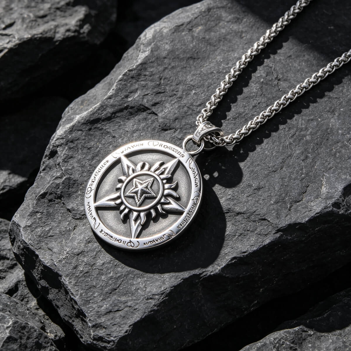 Men's Steel Vintage Pentagram Sun Pattern Round Pendant Necklace