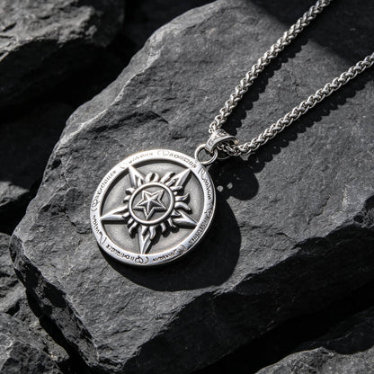 Men's Steel Vintage Pentagram Sun Pattern Round Pendant Necklace
