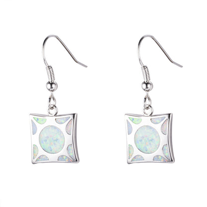 Women's Square Hollow Pattern Dangle Earrings, Inlaid Round Blue Opal / White Opal, White Gold Plating