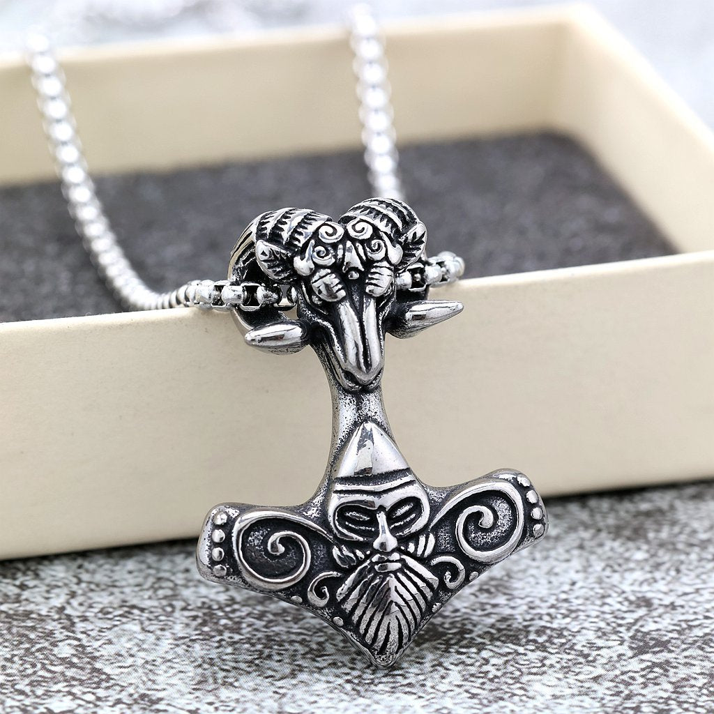 Vintage Stainless Steel Viking Pattern Goat Head Hammer Pendant Necklace for Men