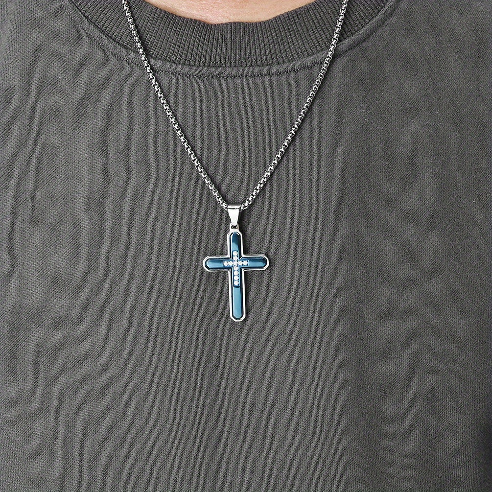 Men's Hexagonal Faceted Gem-Set Two-Tone Cross Pendant Necklace