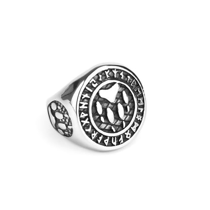Vintage Stainless Steel Viking Rune Bear Paw Round Signet Ring for Men