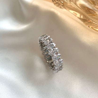 Women's Oval Egg Shape Claw Set Solitaire Cubic Zirconia Ring, S925 Silver with White Gold Plating Single Side Stones Ladies Ring