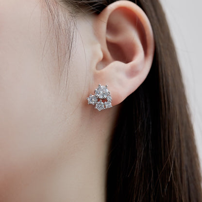 Women's Snowflake Cluster Stud Earrings, Round Clear Zirconia, S925 with White Gold Plating