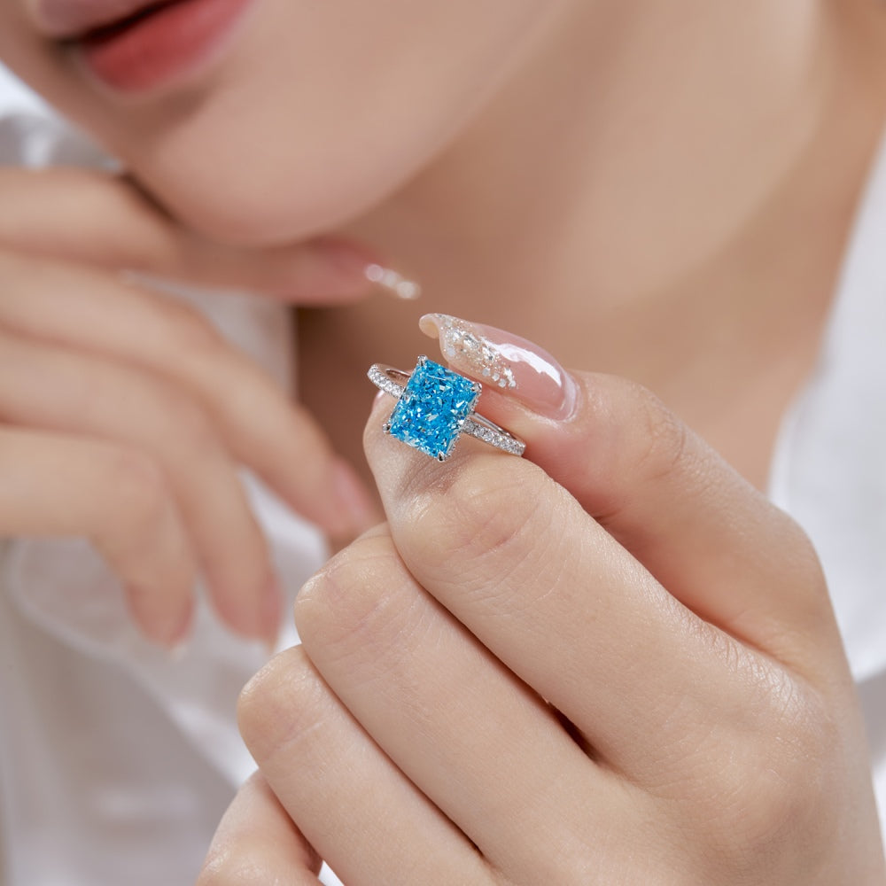 Women's Square Ice Flower Cut Blue Zirconia Fashion Ring, S925 with White Gold Plating