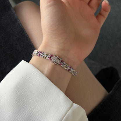 Women's High‑End Bracelet, Baguette Multicolor Gemstone & Round White Zirconia Row Inlay, S925 with White Gold Plating