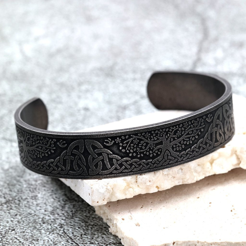 Men's Nordic Pirate Vintage Stainless Steel C-Cuff Bracelet with Engraved Viking Totem